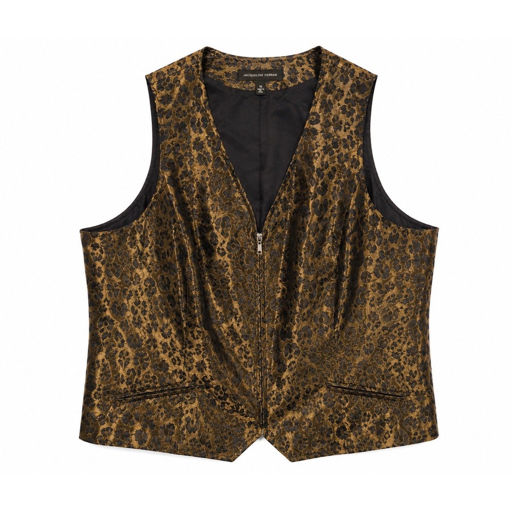 Jacqueline Ferrar Vest Womens 16 Gold Black Leopard Animal Print Metallic Zip